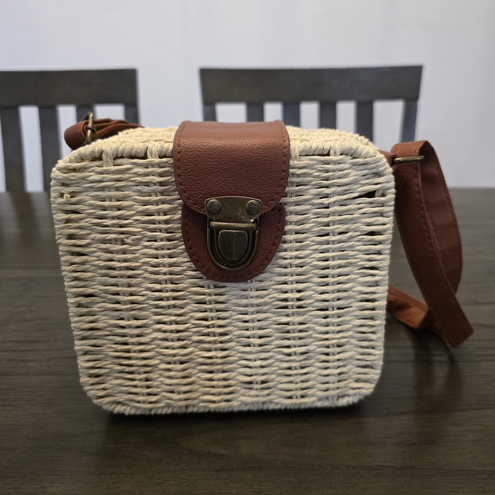 Mini Stylish Cream and Brown Woven Crossbody Bag